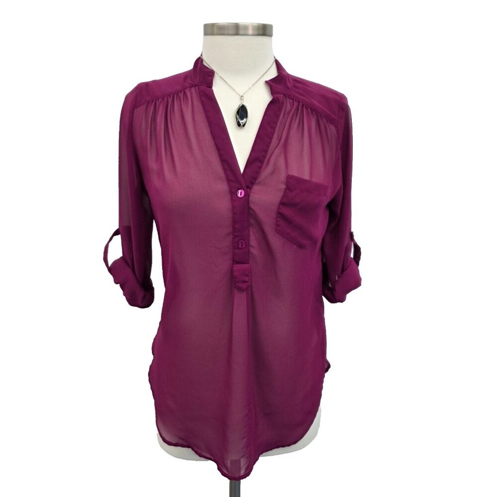 Womens Sheer Blouse Top Purple V-Neck Roll Tab Sleeve 1/4 Button Career Size S